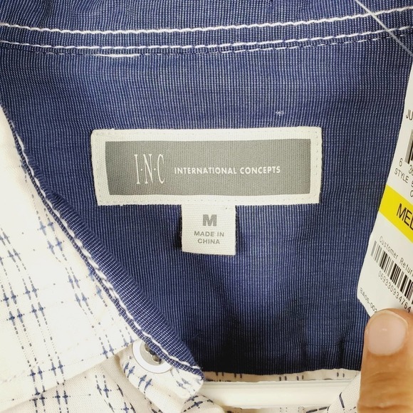 INC Style Oatmeal Faux Leather Trim Button-up Top - Picture 2 of 12